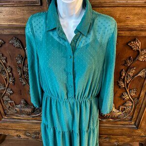 Nanette Lepore Small Turquoise Dress Long Sleeved Sheer Lined Polkadot Flowy.